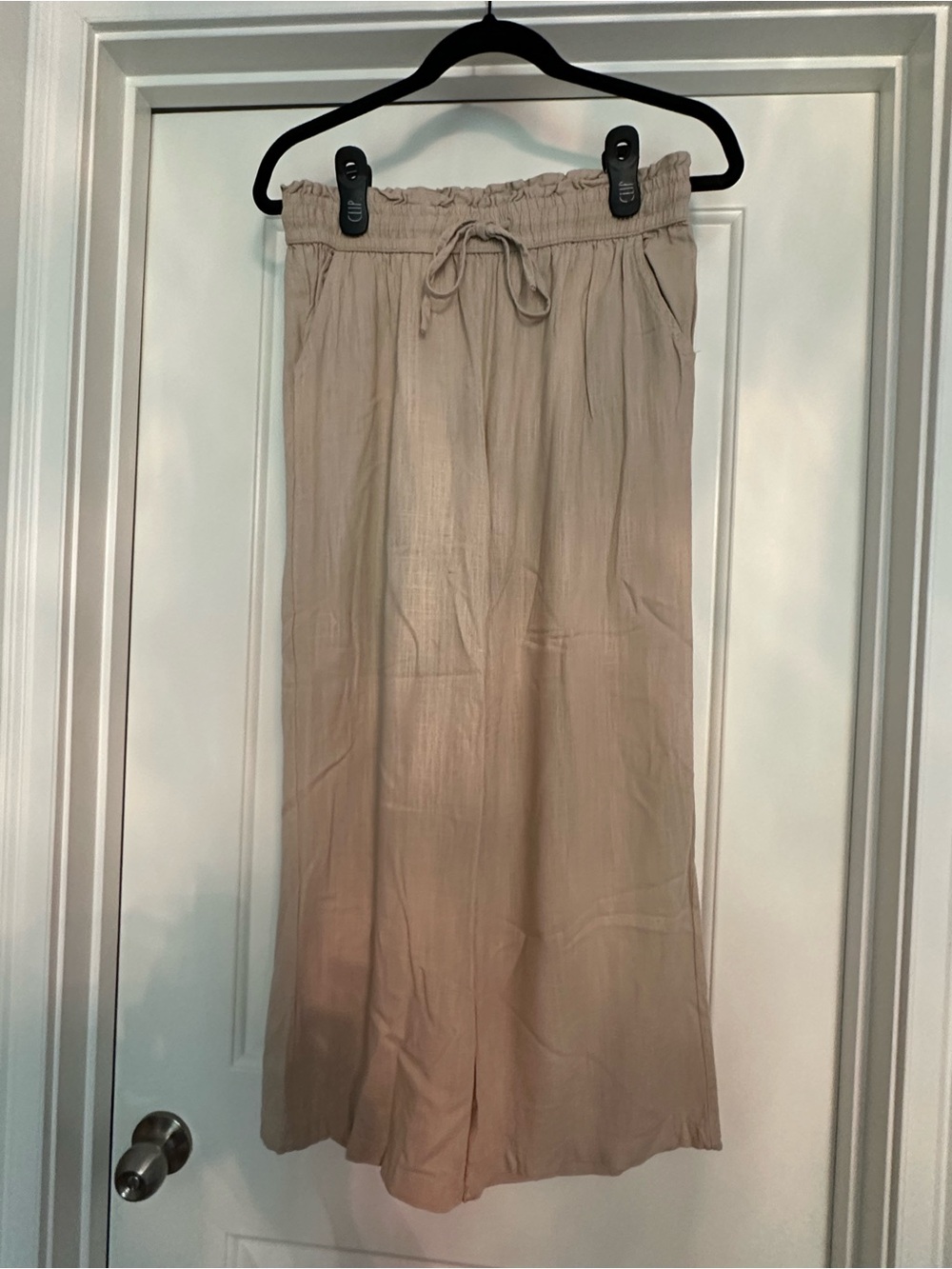 Beige Wide-Leg Drawstring Pants